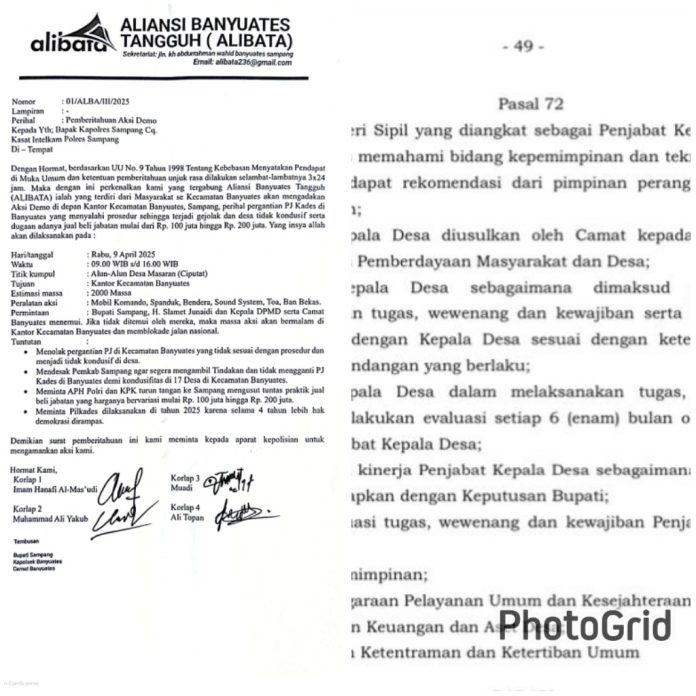 Keterangan Foto: Potongan Perbup 2021 pasal 27 dan surat pemberitahuan aksi